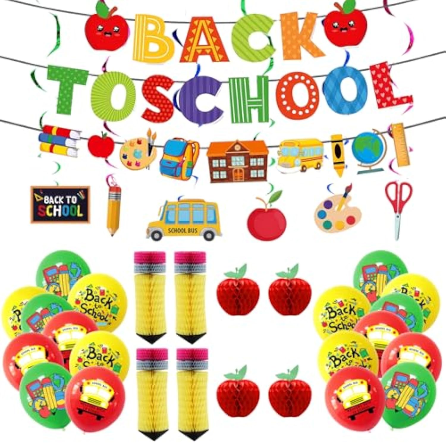 Back to School Decorations Set, Banner, Balloons, Swirls, Apple, Pencil Decor