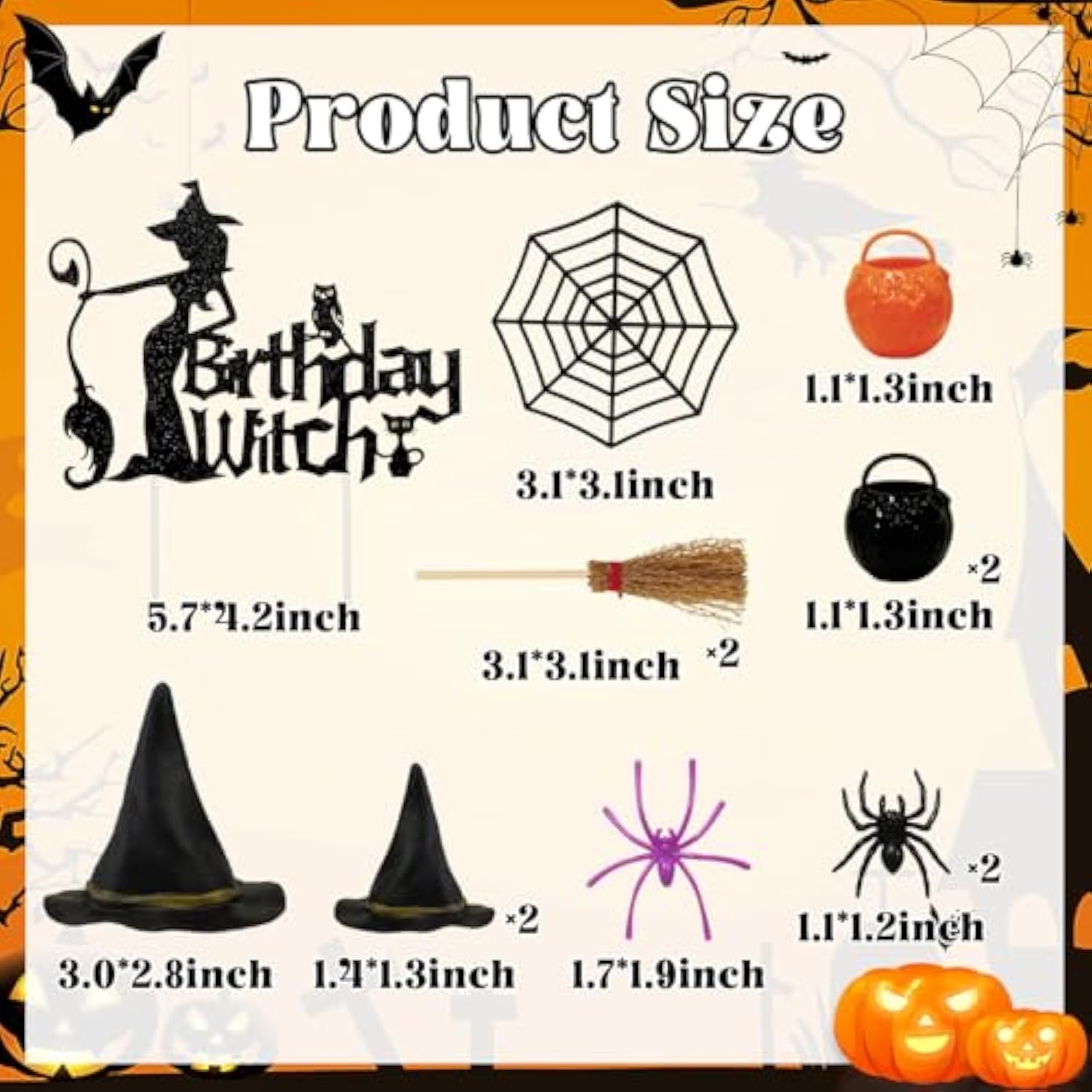 13pcs Witch Cake Toppers Black Hat Broom Spider Web Halloween Birthday Decor