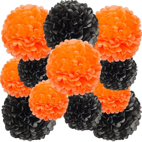 12Pcs Orange Black Hanging Tissue Paper Pom Poms,Ceiling Pompoms Flowers for Halloween Graduations Birthday Party Decorations