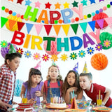 Happy Birthday Banner Set With Pre-Strung 3D Felt Happy Birthday Banner, Pom Pom Garland, Triangle Fabric Bunting, Five-Pointed Star And Sunflower Banner, 7 Pcs Honeycomb Balls