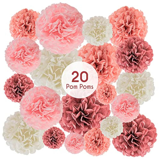 20 Piece Tissue Paper Pom Poms | Blush Pink, Dusty Rose, Mauve & Cream | Colorful Paper Flower Wall Decorations For Bridal Showers, Baby Showers, Weddings, Graduations, Tea Parties & More