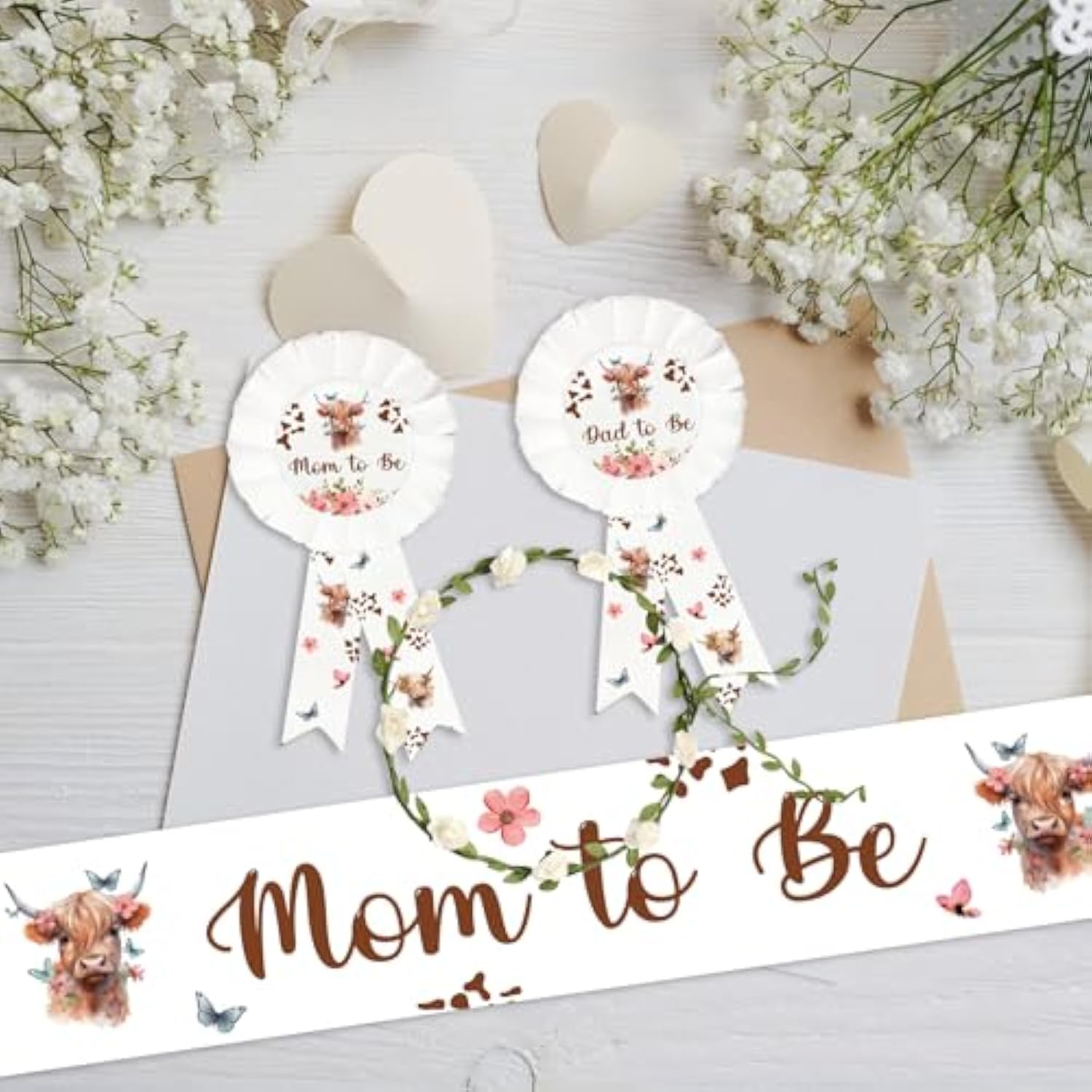 Highland Cow Mom To Be Sash Dad To Be Pin And Flower Crown Headband For Gender Reveals Party Baby Shower Party Favors Decorations For Boys And Girls Pregnancy Props Keepsake