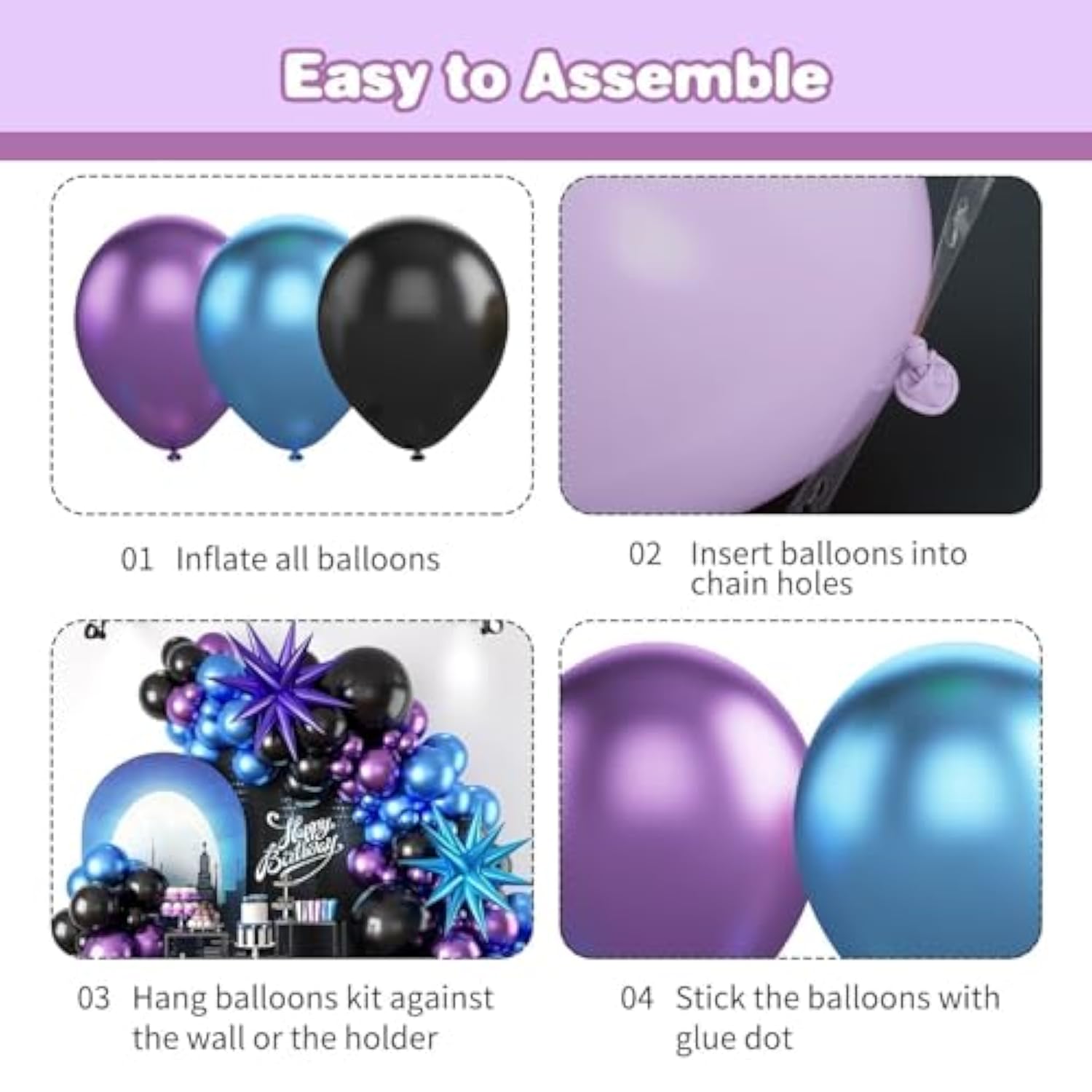 105pcs Black Purple Blue Balloon Arch Kit with Metallic Balloons for Party Decor