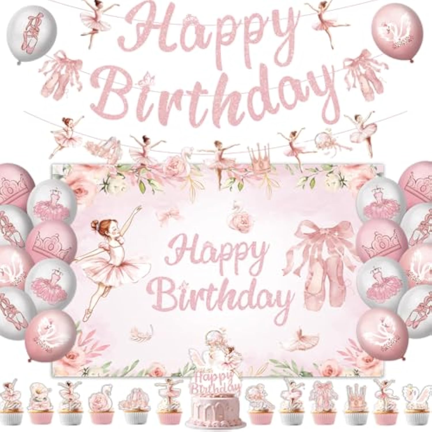 Ballerina Birthday Party Decorations Include Banner-Backdrop-Balloons-Cake Topper-Cupcake Toppers For Ballet Birthday Party Decorations