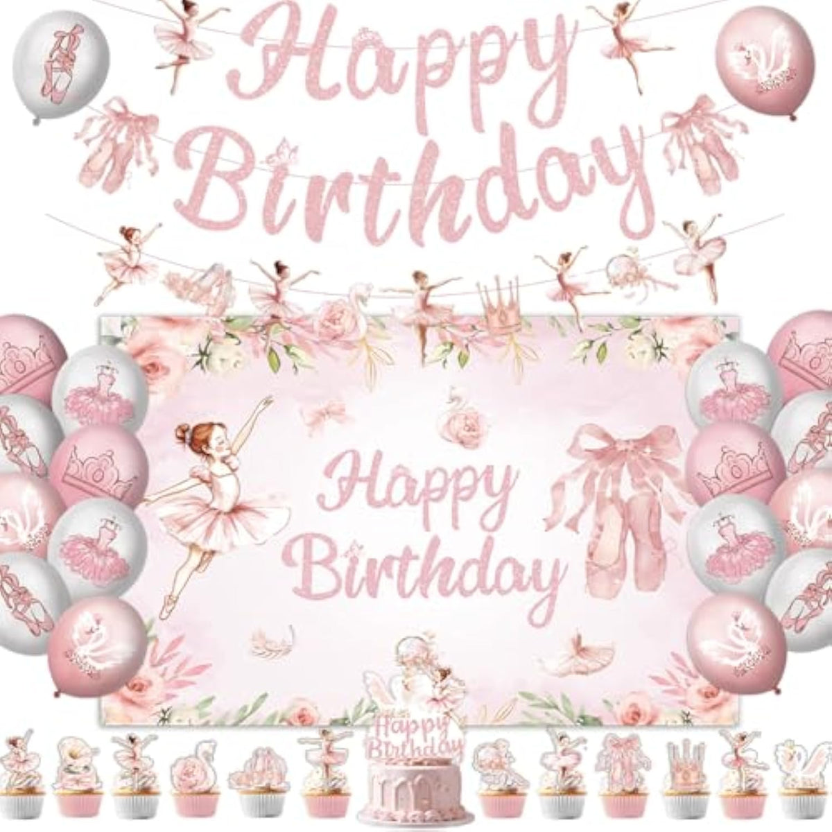 Ballerina Birthday Party Decorations Include Banner-Backdrop-Balloons-Cake Topper-Cupcake Toppers For Ballet Birthday Party Decorations