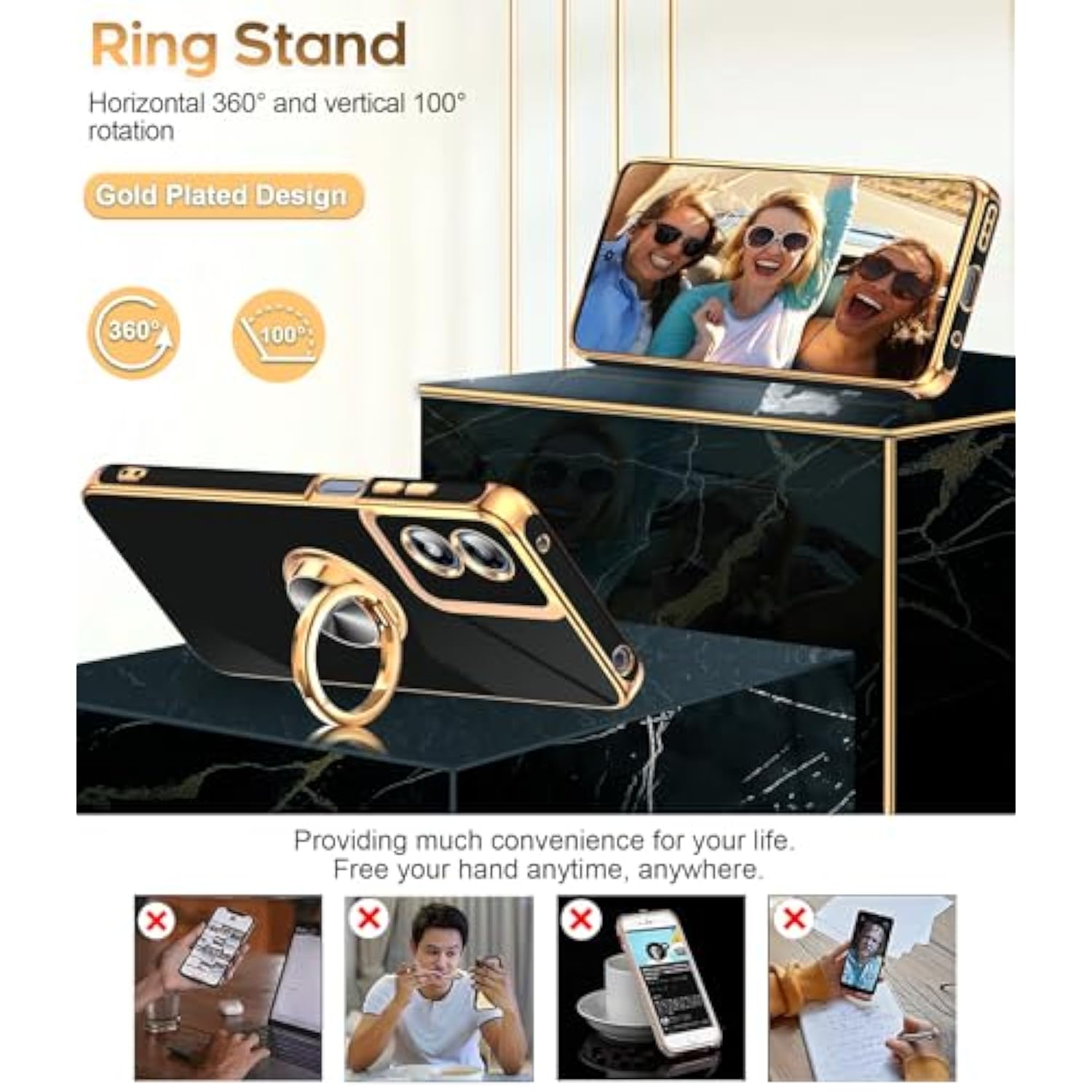 Moto G Play 2024 Case 360° Magnetic Ring Stand Shockproof TPU Black Rose Gold