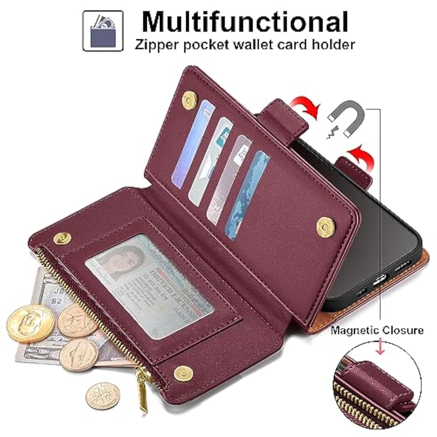 iPhone 16 Wallet Case, RFID Blocking, PU Leather, Kickstand, Card Holder, Wine Red