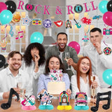 1950s Rock and Roll Party Decorations with Banner, Backdrop, Centerpieces, and Balloons