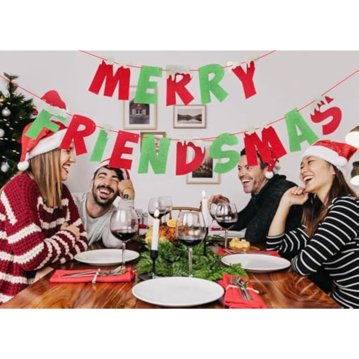 Red Green Glitter Merry Friendsmas Banner Merry Friendsmas Party Decorations Merry Friends Themed Party Supplies Christmas Office Decorations, Merry Christmas Banner Xmas Friends Holiday Party Decorations
