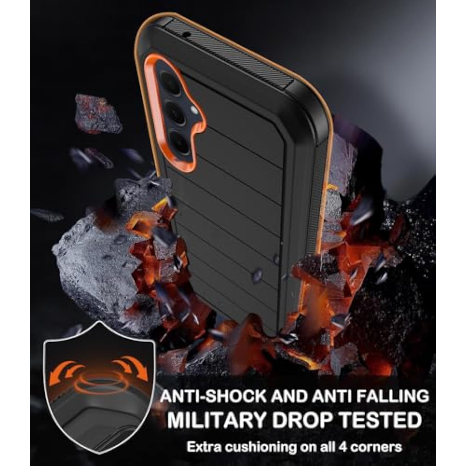 Samsung Galaxy A35 5G Heavy Duty Shockproof Case with Built-in Screen Protector and Belt Clip Holster, Black Orange