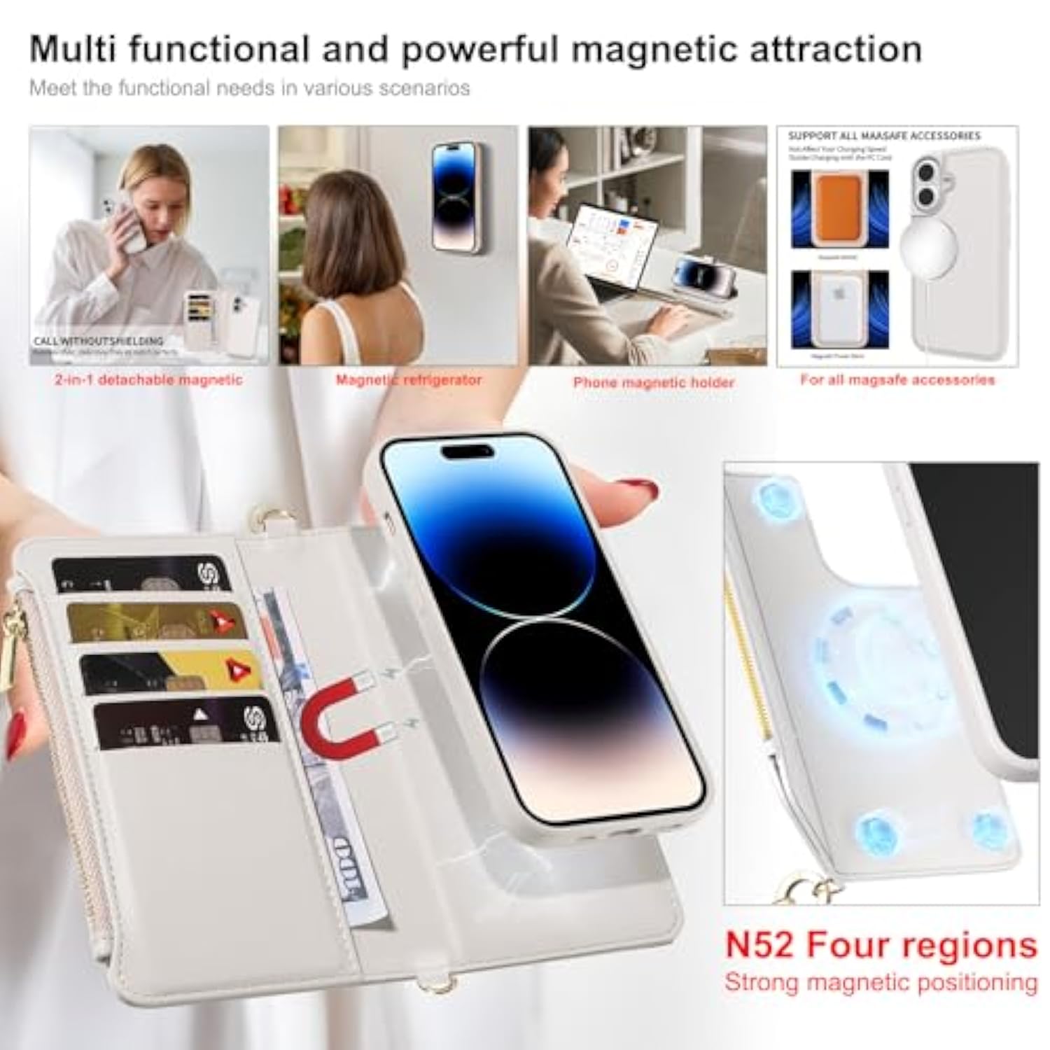 For Iphone 16 Pro(6.3 Inches) Detachable Wallet Case With Crossbody.Multi-Function 2 In 1 Magnetic Wallet Case With Card Holder.Flip Strap Zipper Phone Case With Shoulder Straps