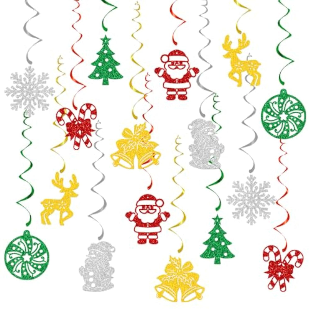 Christmas Hanging Swirls Glitter Snowflakes Bells Santa Winter Party Decor
