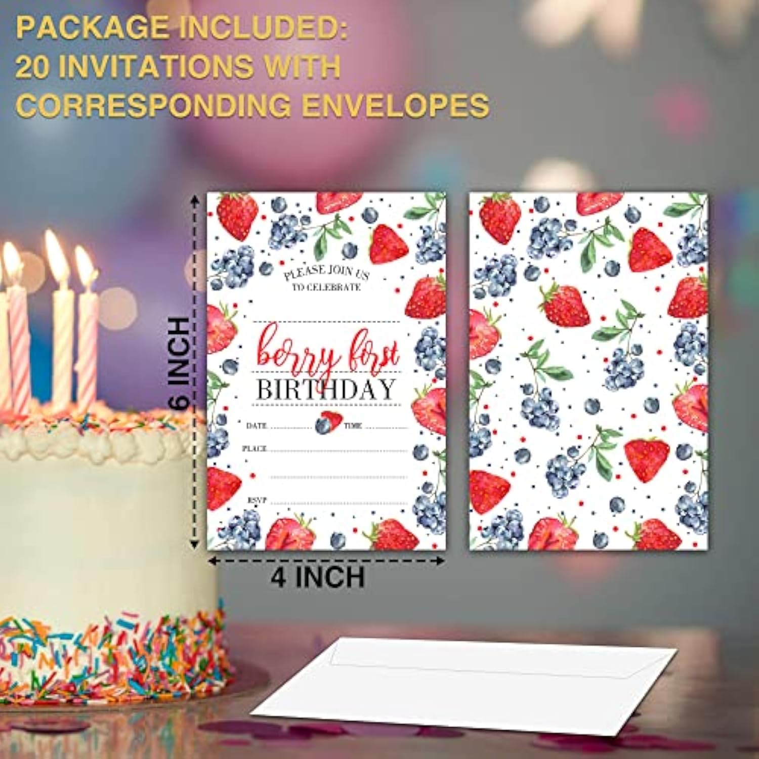 Birthday Invitations, 4"X6" Berry First Strawberry And Blueberry Birthday Party Invitations With Envelopes For Baby Girl 1St Birthday Party Decorations Supplies(20 Pieces)-C05