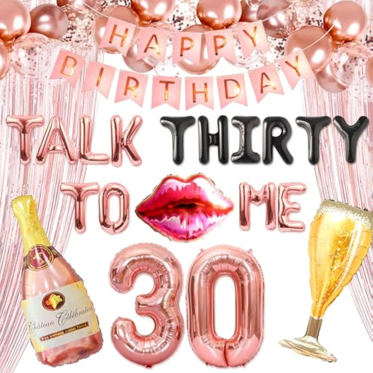 53-pc rose gold “Talk 30 to Me” balloons, backdrop & banner for 30th birthday decor
