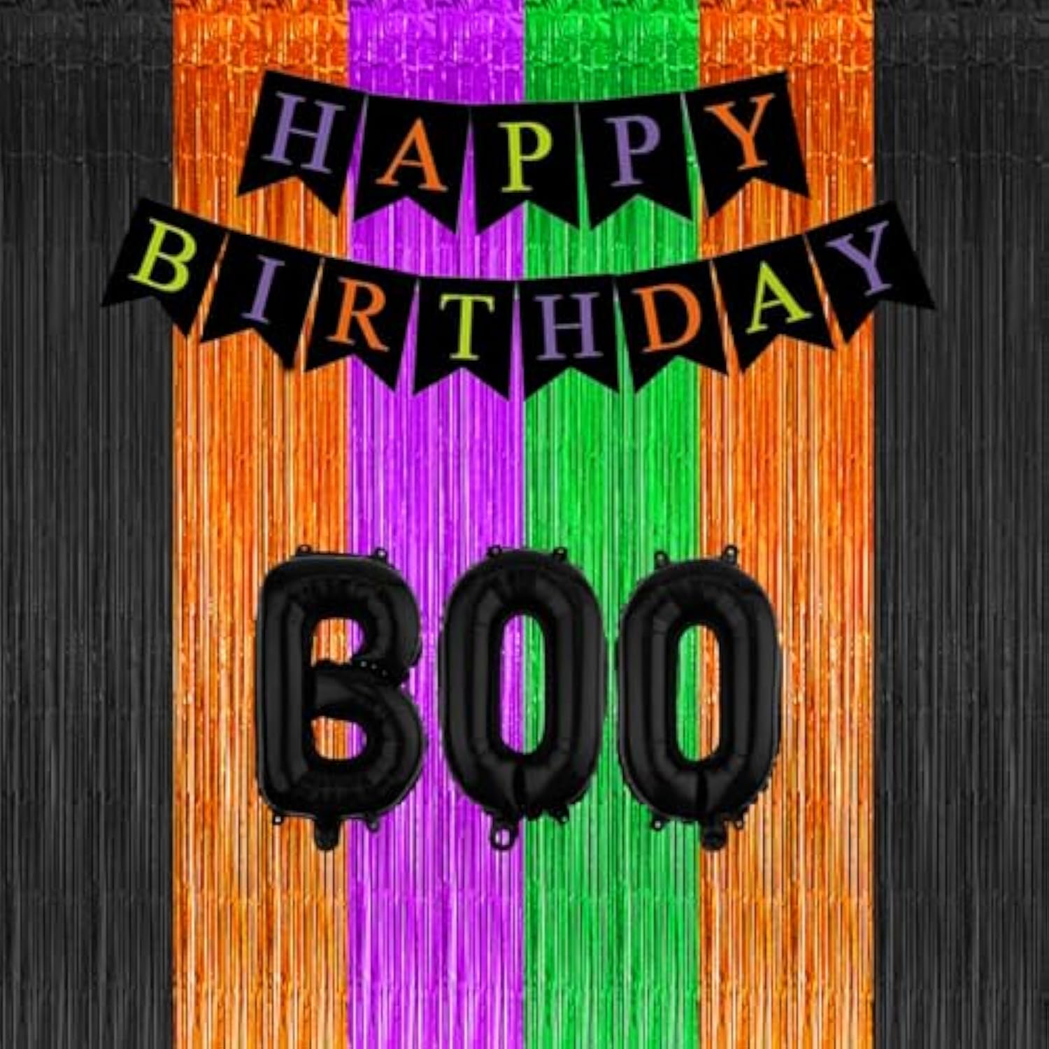 3 Pack Halloween Foil Fringe Curtains Backdrop Black Orange Purple Green Decor