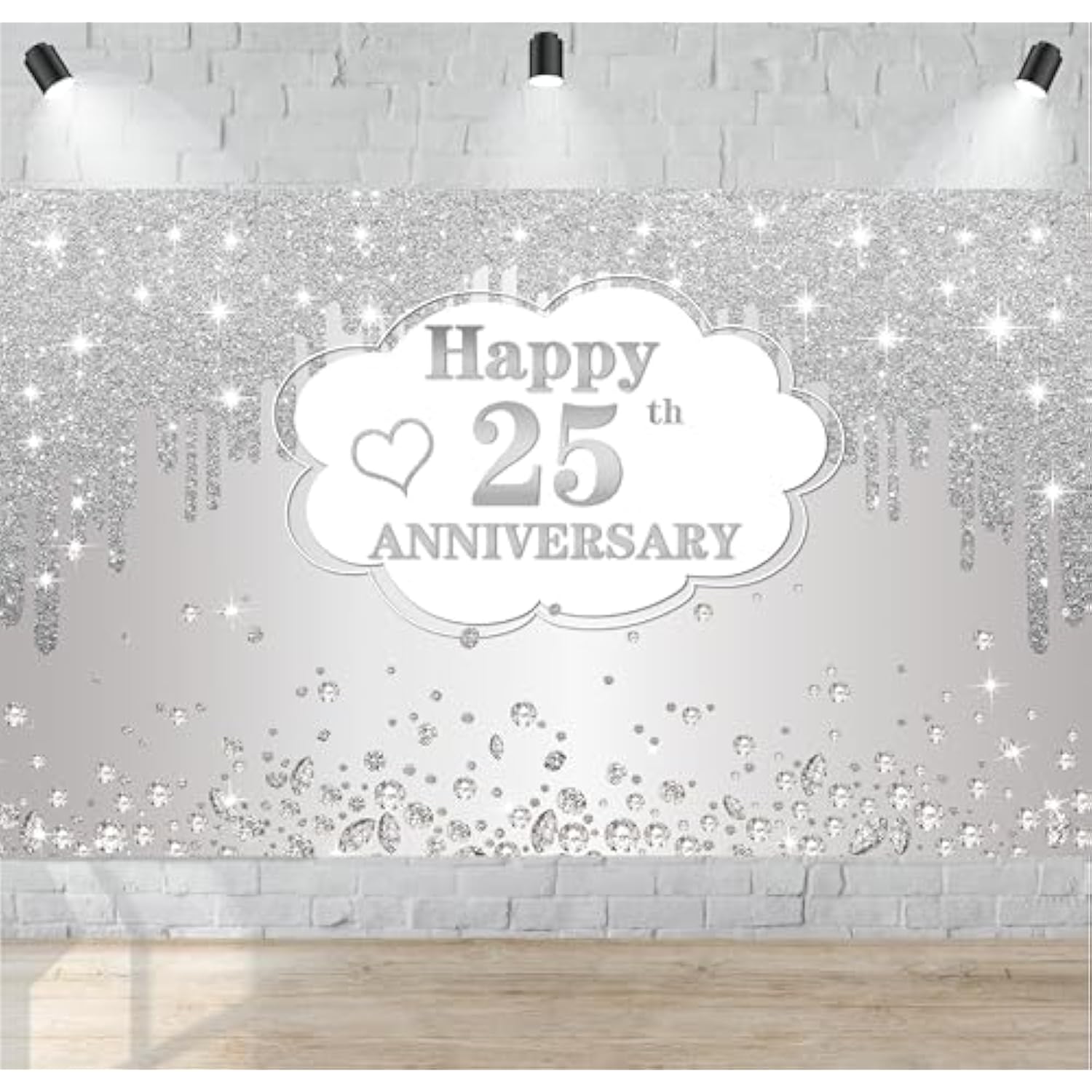 25Th Wedding Anniversary Banner Decorations, Silver 25 Th Wedding Anniversary Decorations Decor Poster Photography For Backdrop, Silver Happy 25 Anniversary Party Supplies, 72.8X43.3 Inches