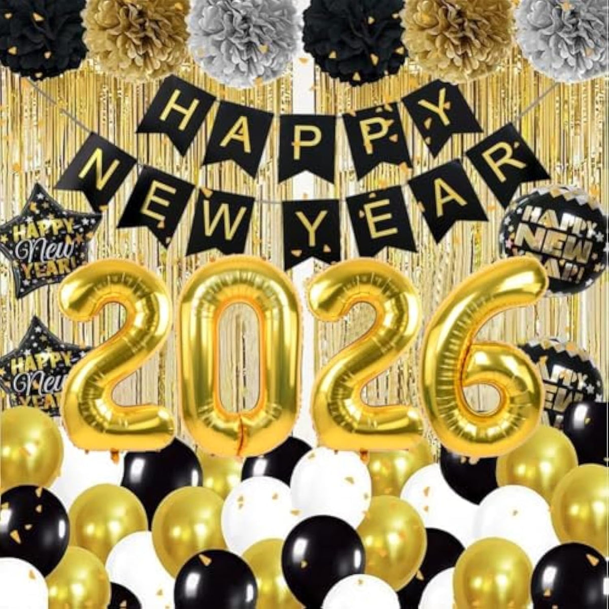 New Year 2026 Decorations Party Supplies Banner Balloons Curtains Stars