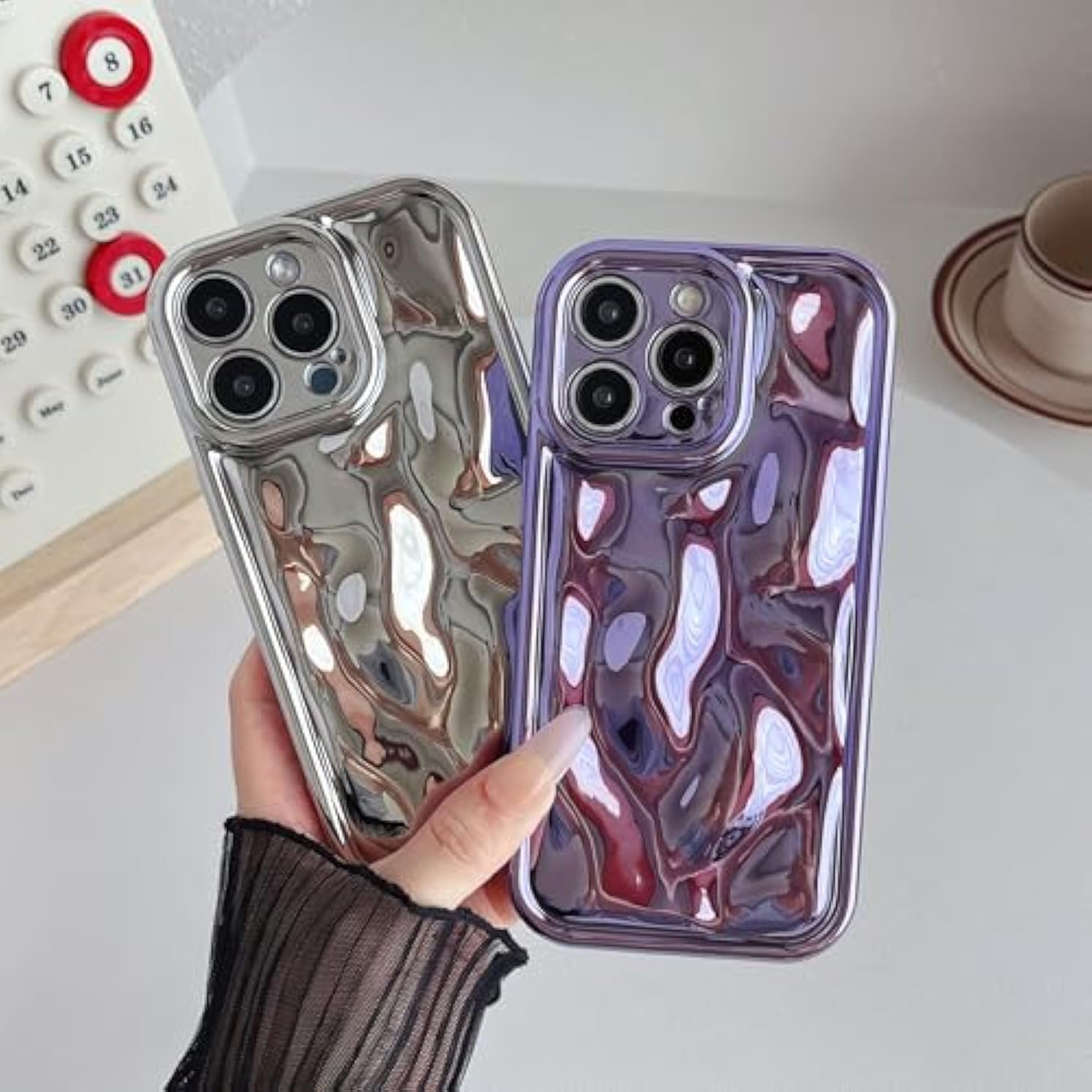 For Iphone 16 Pro Case,Water Ripple Wave Meteorite Bubble Chrome Plating Soft Phone Case (Light Black)