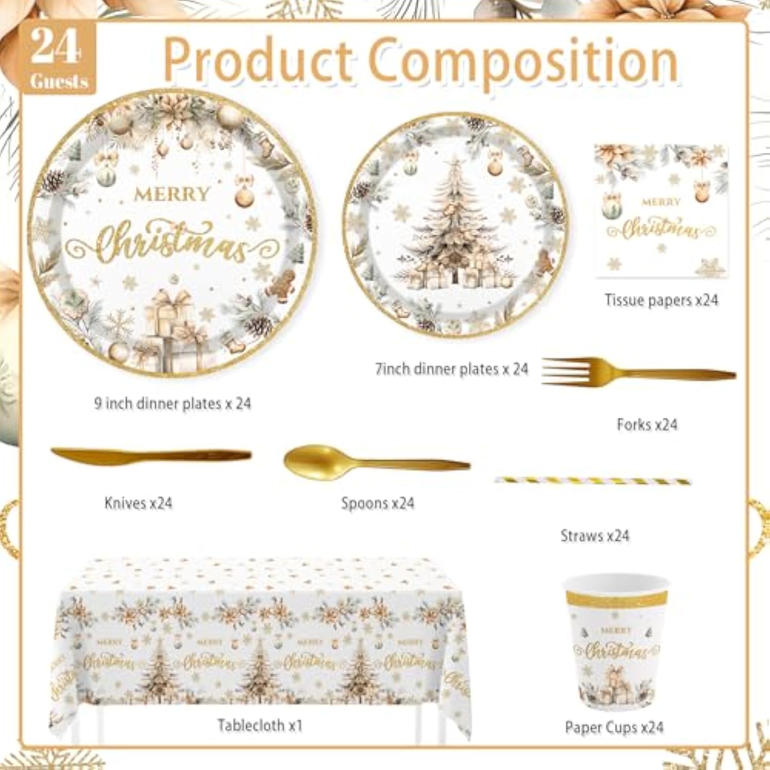 Christmas Party Supplies193Pcs, Gold Christmas Tree Disposable Dinnerware Paper Plates, Napkins, Cups, Cutlery,Tablecloth For Xmas Holiday Party Decor, Serve 24 Guestst