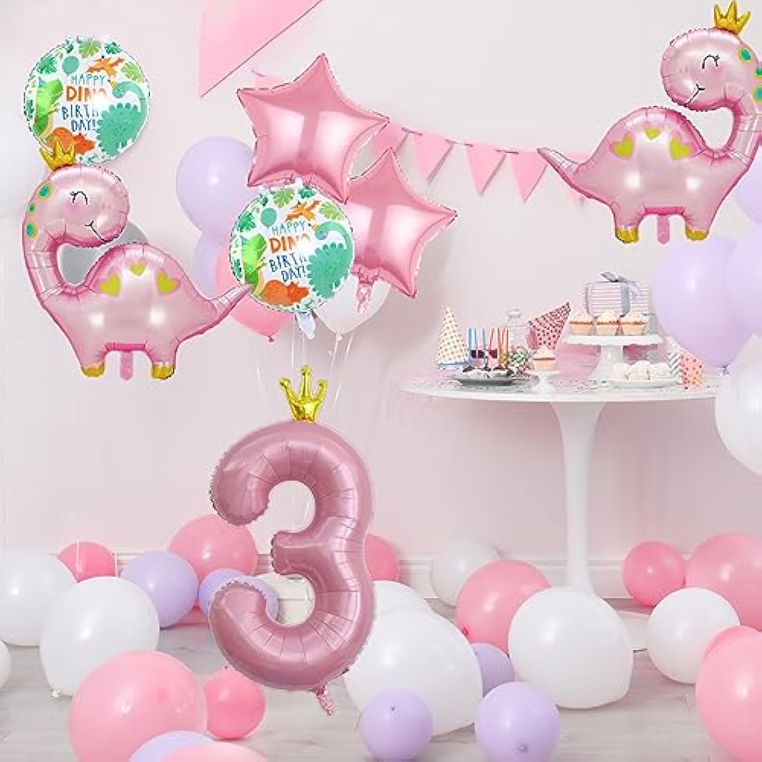 7Pcs Pink Crown Dinosaur Balloons, Girl Birthday Number Mylar Foil Balloon, 3Rd Birthday Party Supplies Decorations