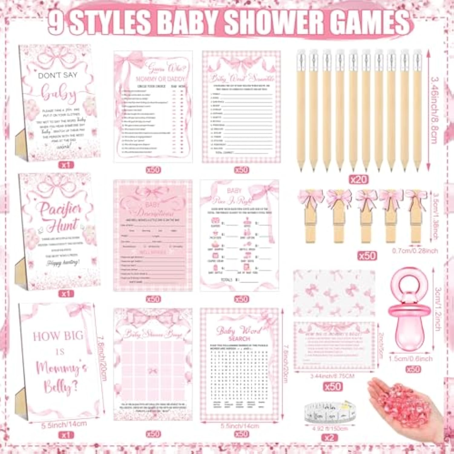 476 Pink Bow Coquette Baby Shower Games 6 Sets Activities Card Pacifier Hunt Game 50 Pacifier How Big Is Mommy'S Belly Sign 50 Guessing Card 2 Measuring Tape Don'T Say Baby Sign 50 Clothespin