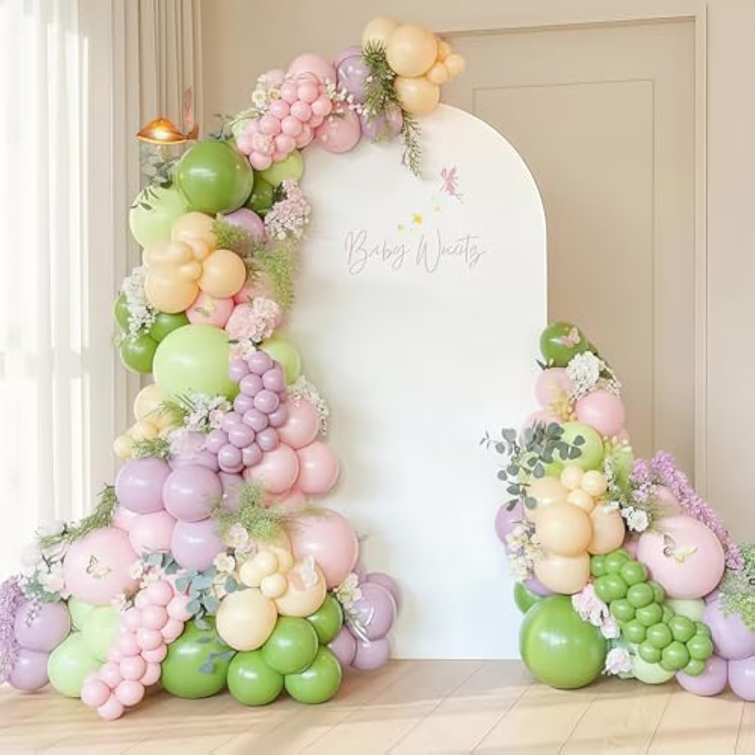 Fairy Balloon Arch Kit 147Pcs Spring Pastel Pink Purple Olive Lime Green Orange Nude Balloons Garland Wildflowers Meadows Floral Birthday Party Decorations For Girls Garden Tea Bridal Baby Shower