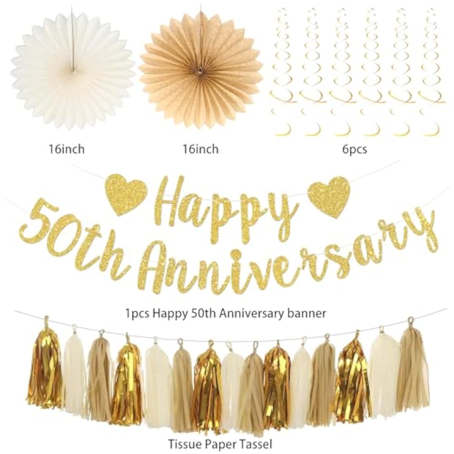 50Th Anniversary Decorations, Gold Glitter Happy 50Th Anniversary Banner Photo Background For Women Men, Cheers To 50 Years Backdrop Pompoms Paper Fans Party Supplies Dad Mom