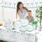 Greenery Baby Shower Tableware Set, Watercolor Blue Boy Plates, Napkins, Cups, Tablecloth For Boy Baby Shower Gender Reveal Supplies