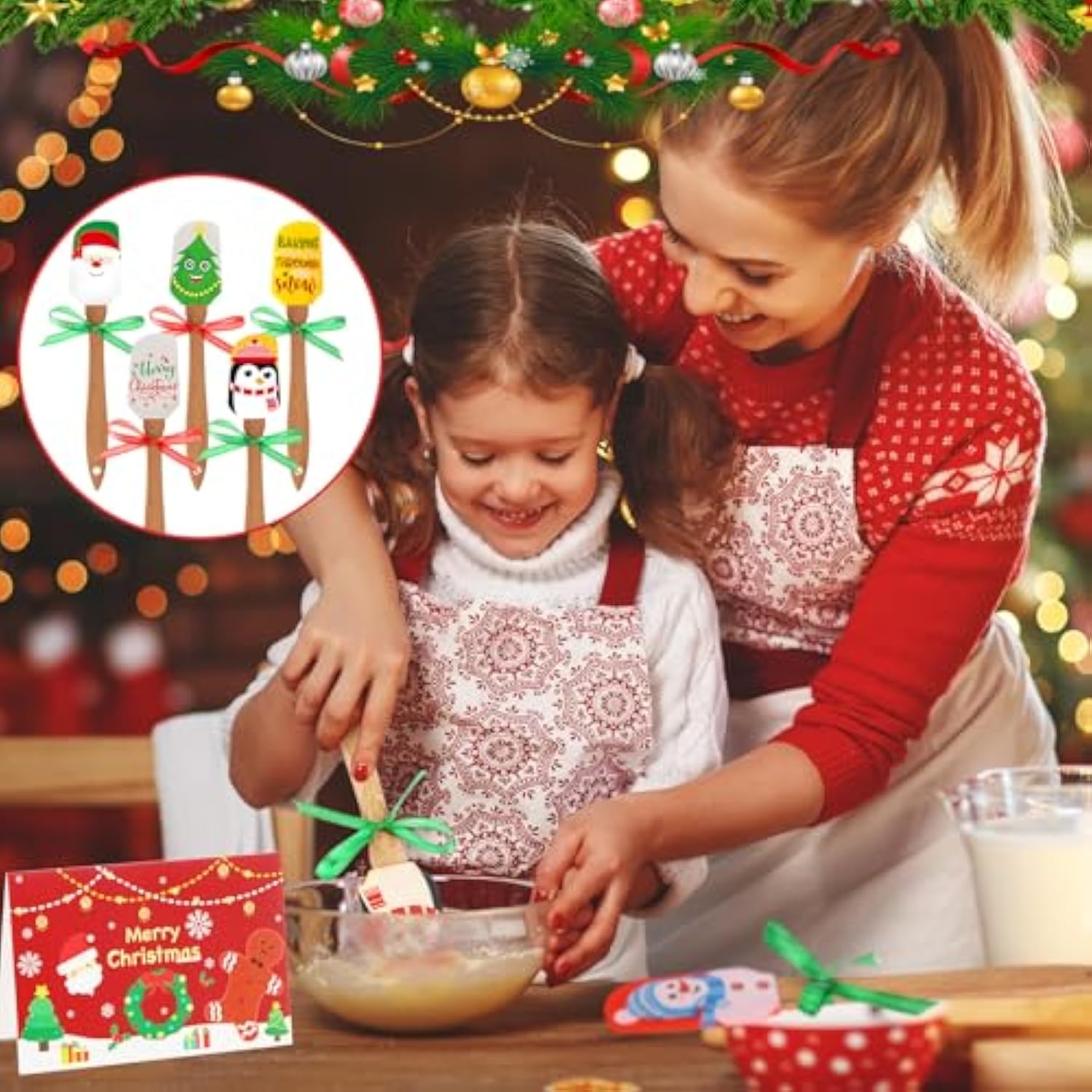 10 Sets Christmas Silicone Spatula Cake Spatula Bulk Cooking Scraper With Wooden Handle Xmas Greeting Card Ribbon For Christmas Decoration Holiday Gifts Kitchen Party Favors (Cute Style)