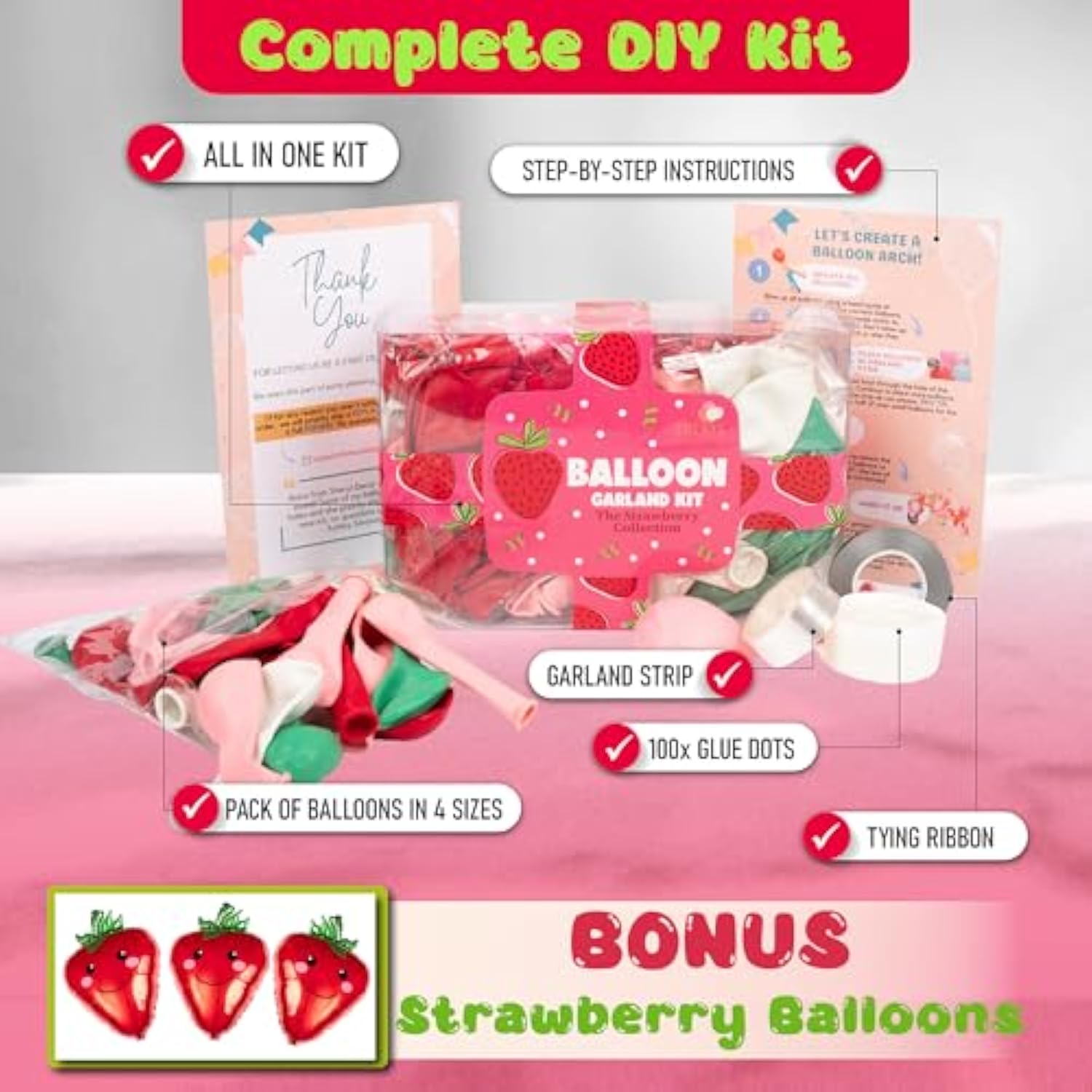 All-In-1 Strawberry Balloon Arch Kit & Garland With Bonus Strawberry – Small And Large Red Pink Green Strawberry Balloons – Strawberry Shortcake Party Decorations Supplies For Birthday & Baby Shower