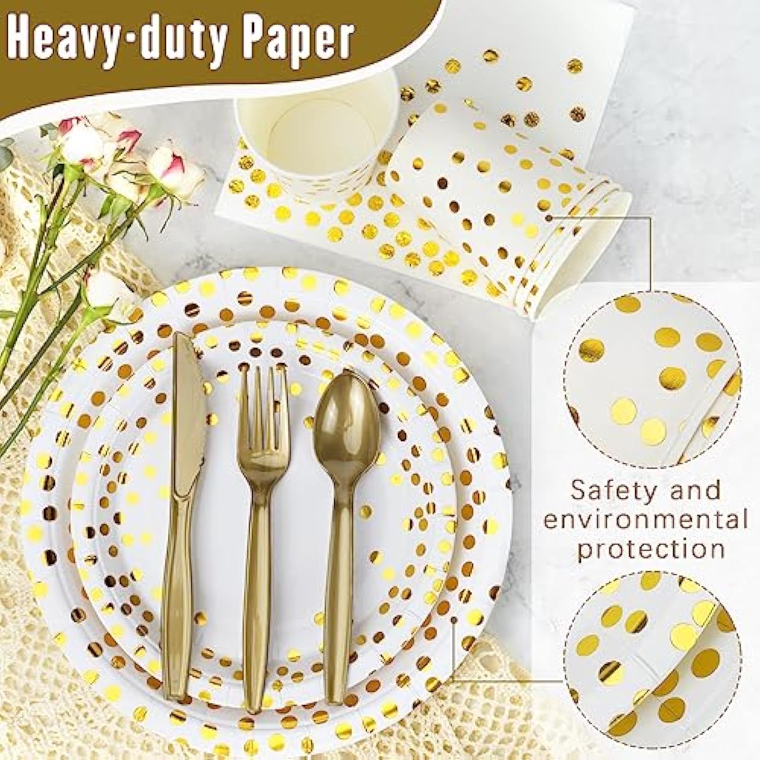 210PCS White & Gold Dot Party Tableware Set – Plates, Cups, Napkins for 30