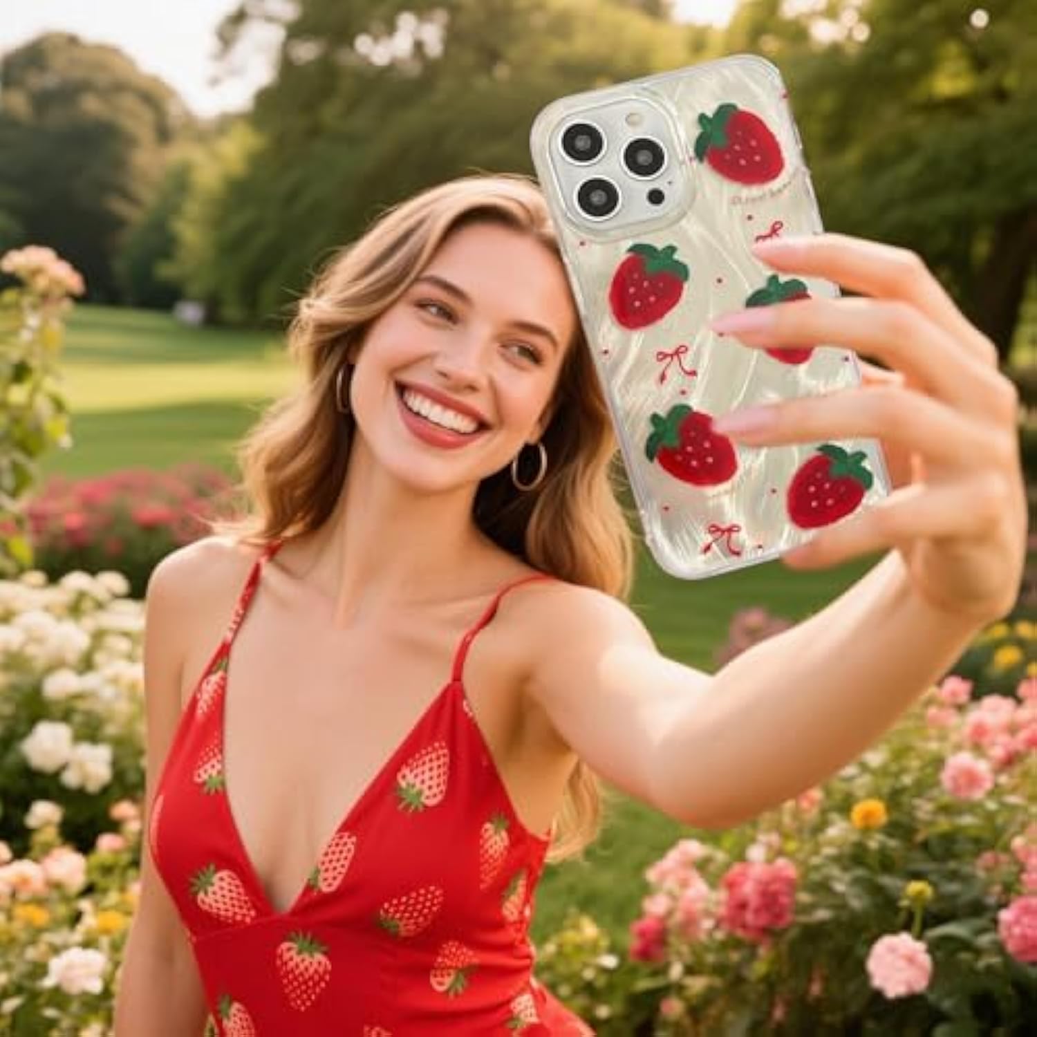 Cute Glitter Strawberry Phone Case With Charm For Iphone 15,Kawaii Red Bow Polka Dot Design Aesthetic Fruit Summer Phone Girly Women?Never Fade ?1.5Mm Raised Edges Protect(With Charm,6.1”)