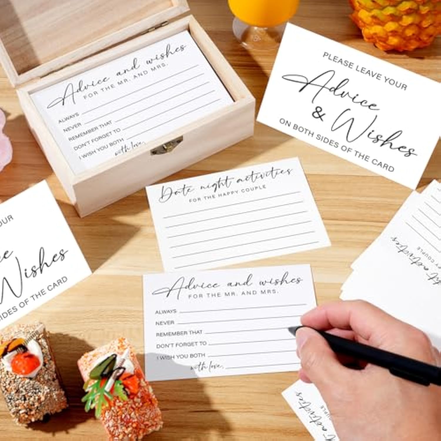 85 Pcs Advice And Wishes Cards Wooden Box Set For The Mr And Mrs,White Advice And Wishes Cards With Black Pen For The Bride And Groom,Bridal Shower,Wedding Party Game Decorations Supplies