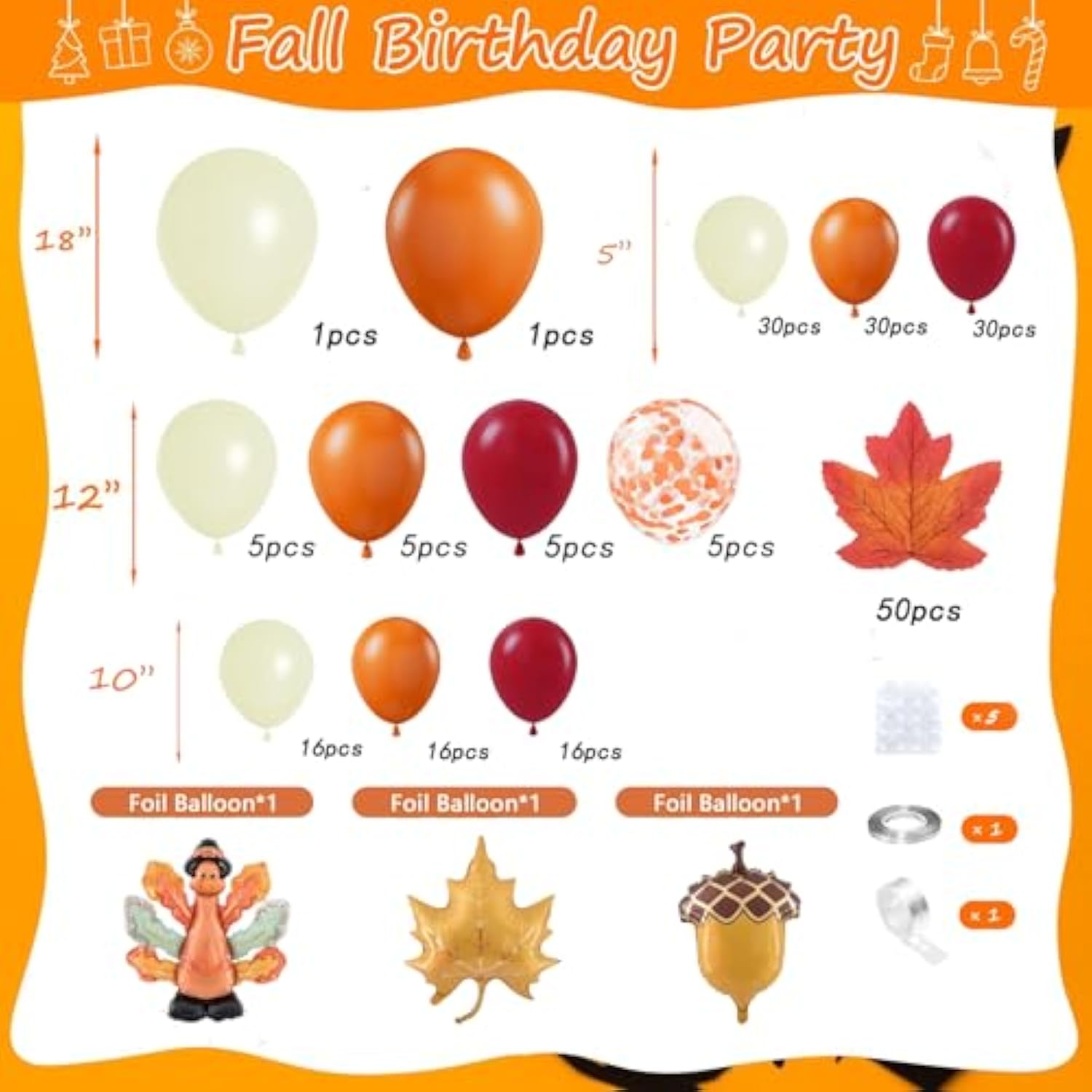 220pcs Fall Balloon Garland Kit Thanksgiving Orange Yellow Burgundy Foil Party Decor