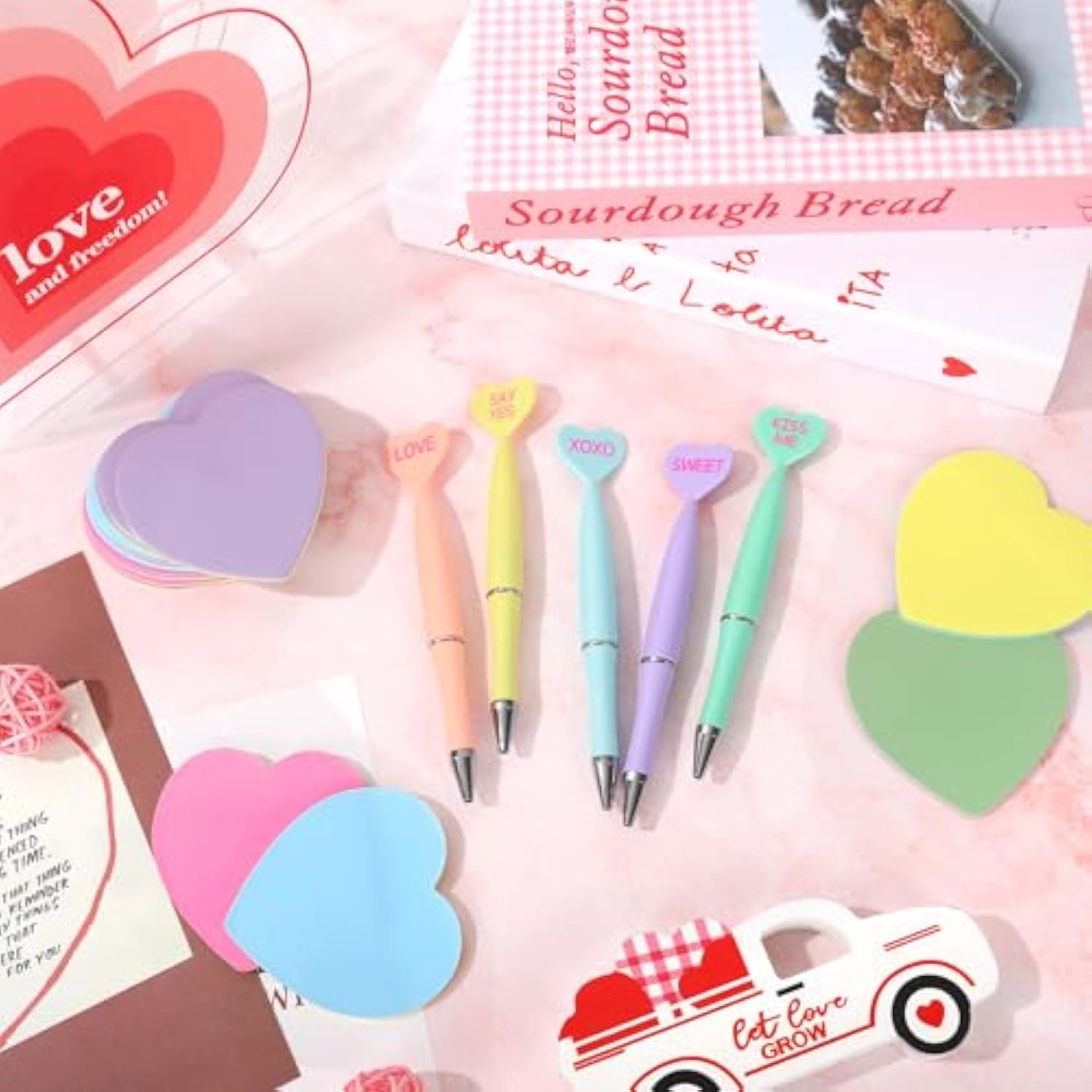 30Pcs Valentine Ballpoint Pens With Love Heart Sticky Notepads Mixed 5 Colors Stationery Gift Set For Wedding Anniversary Party Home Office Supplies