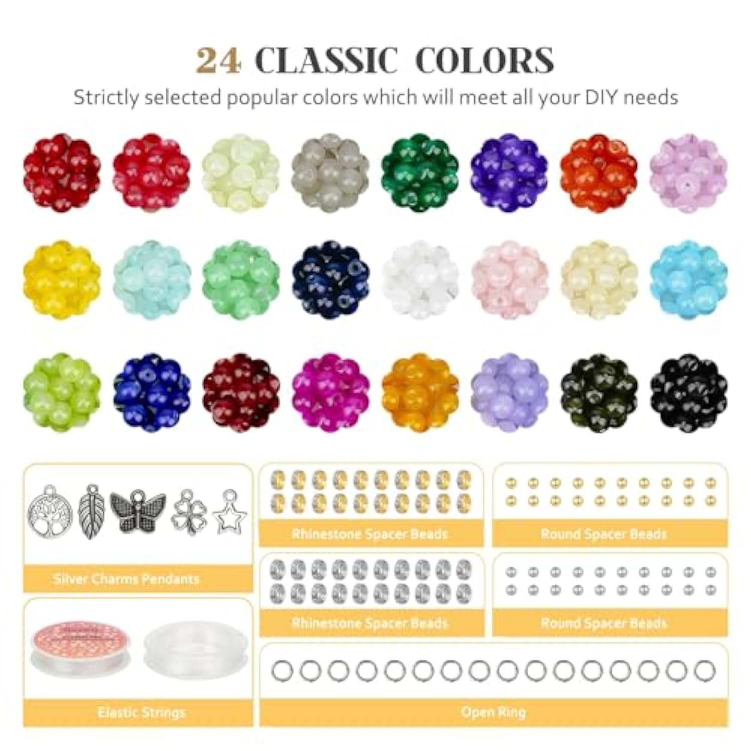 1400pcs 6mm Glass Beads Kit – 24 Colors Crystal Beads & Charms for DIY Jewelry