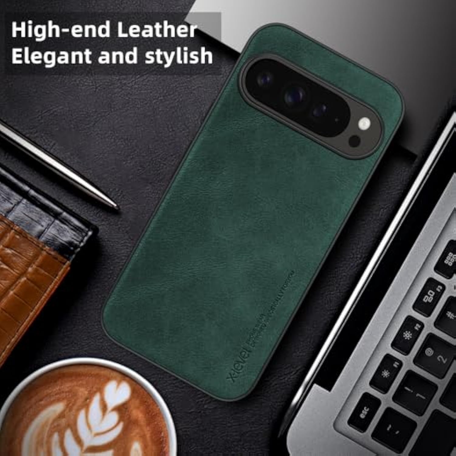 Pixel 9 Pro XL Case, Slim PU Leather, Soft Bumper, Shockproof Cover, Green