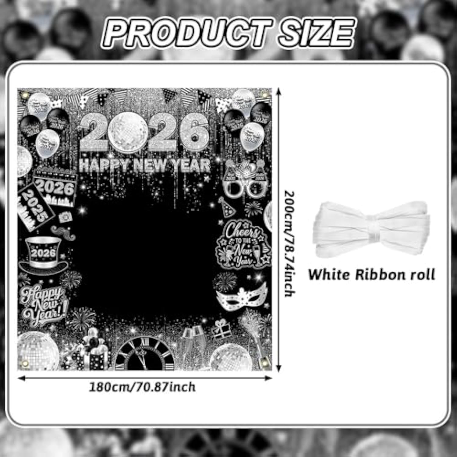 Happy New Year 2026 Photo Backdrop 70.8x78.7in Silver Disco Party Banner
