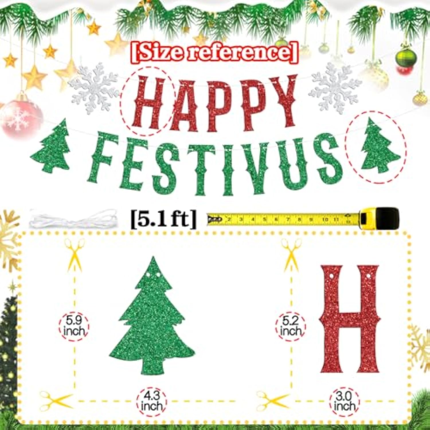 Happy Festivus Red Green Glitter Banner Winter Christmas New Year Party Decor
