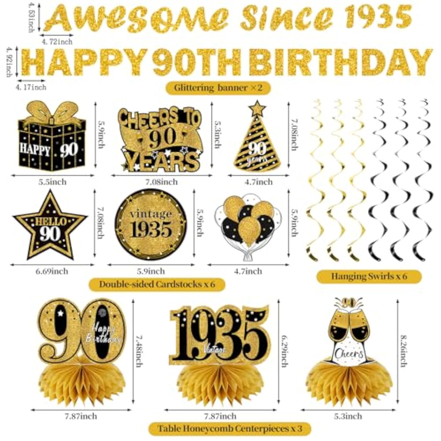 11Pcs 90Th Birthday Decorations Kit For Men Women, Black Gold Happy 90Th Birthday Banner, Awesome Since 1935 Centerpieces Swirls Party Supplies, Ninety Bday Banner Ceiling Table Topper Sign