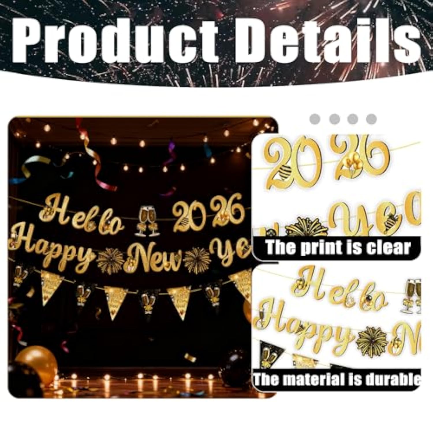 3 Pc Happy New Year Black Gold Banner with Pom Flags Swirls and Garland