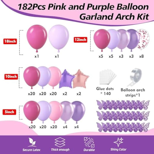 182Pcs Pink And Purple Balloon Garland Arch Kit - Butterfly Baby Shower Decorations Lavender Purple Dusty Pink Balloons For Women Birthday Bridal Shower Wedding Singer Party Decoration Supplies