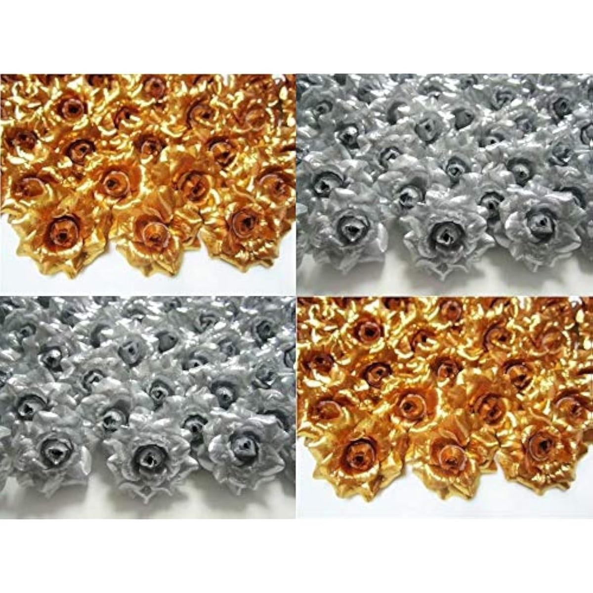 50 Silk Flower Gold & Silver Roses Flower Head - 1.75" - Artificial Flowers Heads Fabric Floral Supplies Wholesale Lot For Wedding Flowers Accessories Make Bridal Hair Clips Headbands Dress