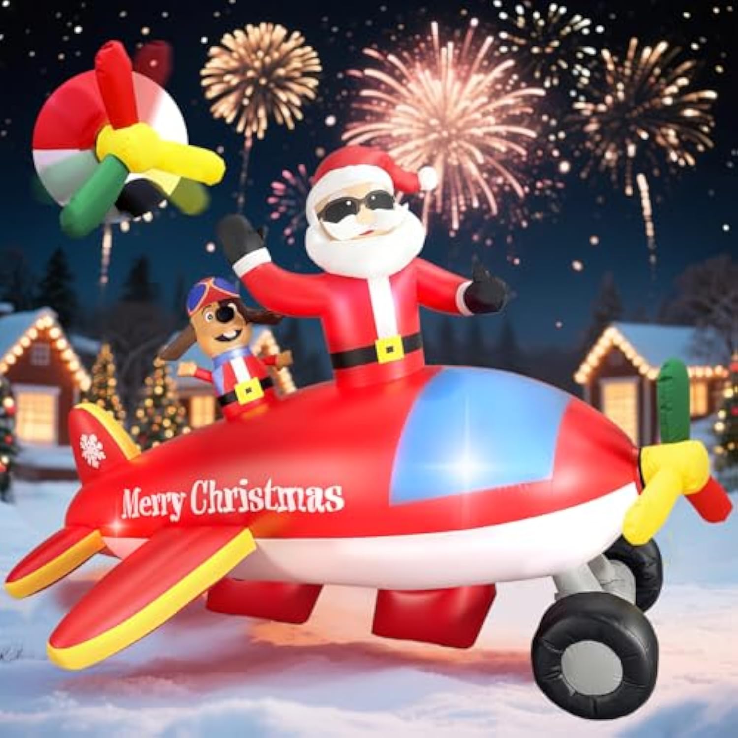 8Ft Christmas Inflatables Airplane Outdoor Decorations Santa Claus On Flying Animated Helicopter Built-In Led Lights Xma