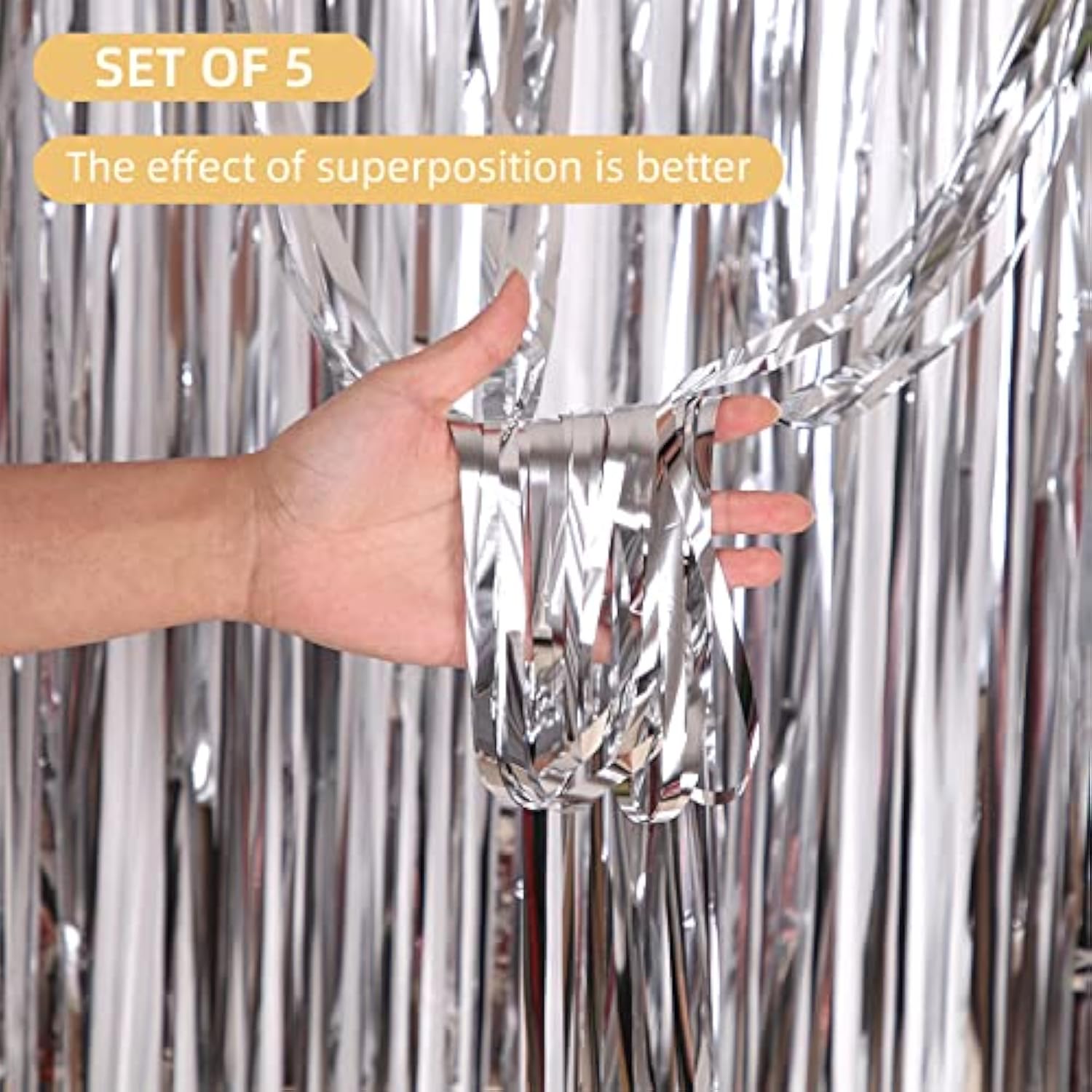 5PCS Silver Foil Fringe Curtains, 3.2x8.2ft Tinsel Backdrop for Party, Wedding & Christmas Decor