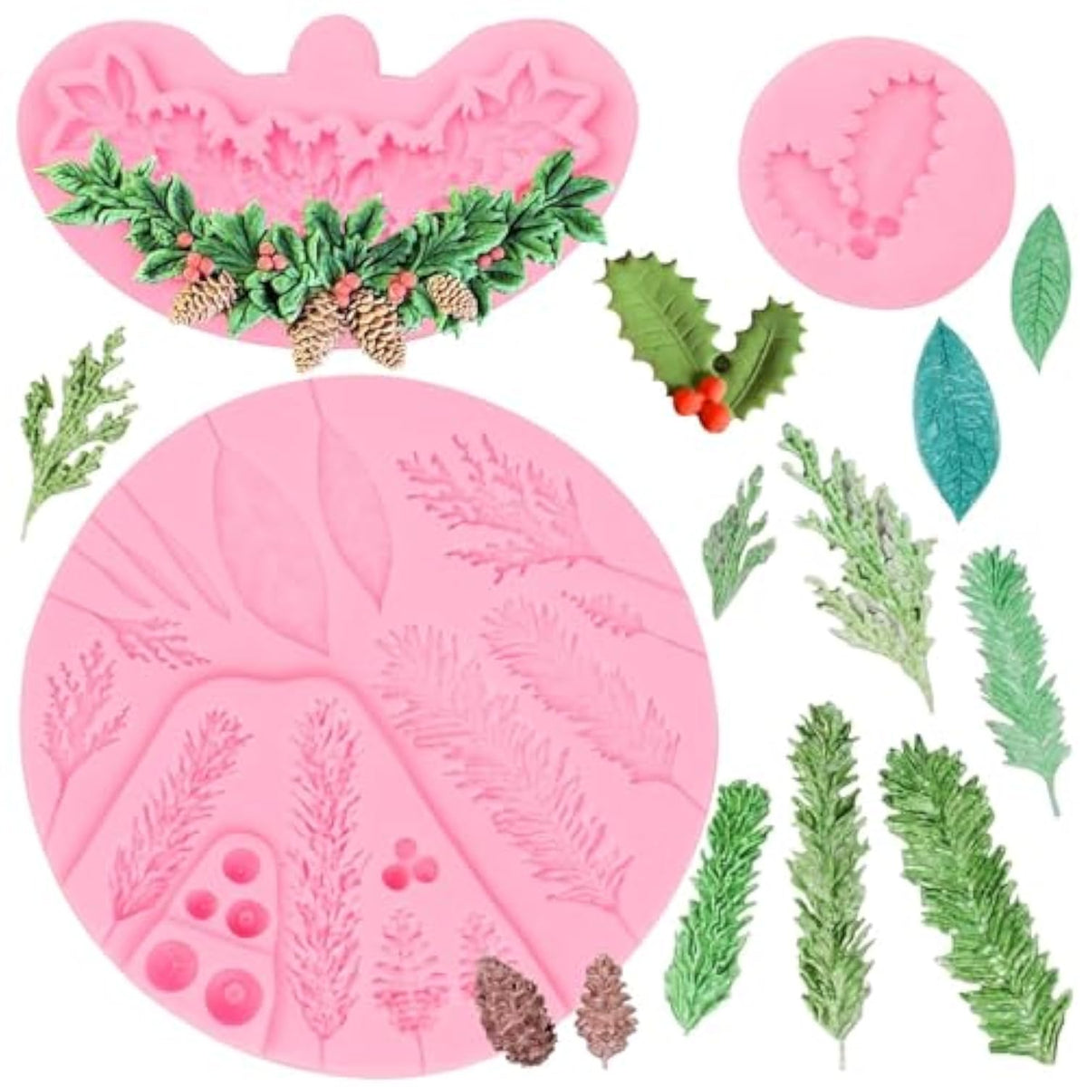 Christmas Holly Leaves Silicone Molds, Winter Leaves Fondant Mold, Christmas Pinecone Chocolate Baking Molds For Cake Decoration Cupcake Topper Candy Sugar Craft Gum Paste Clay Resin
