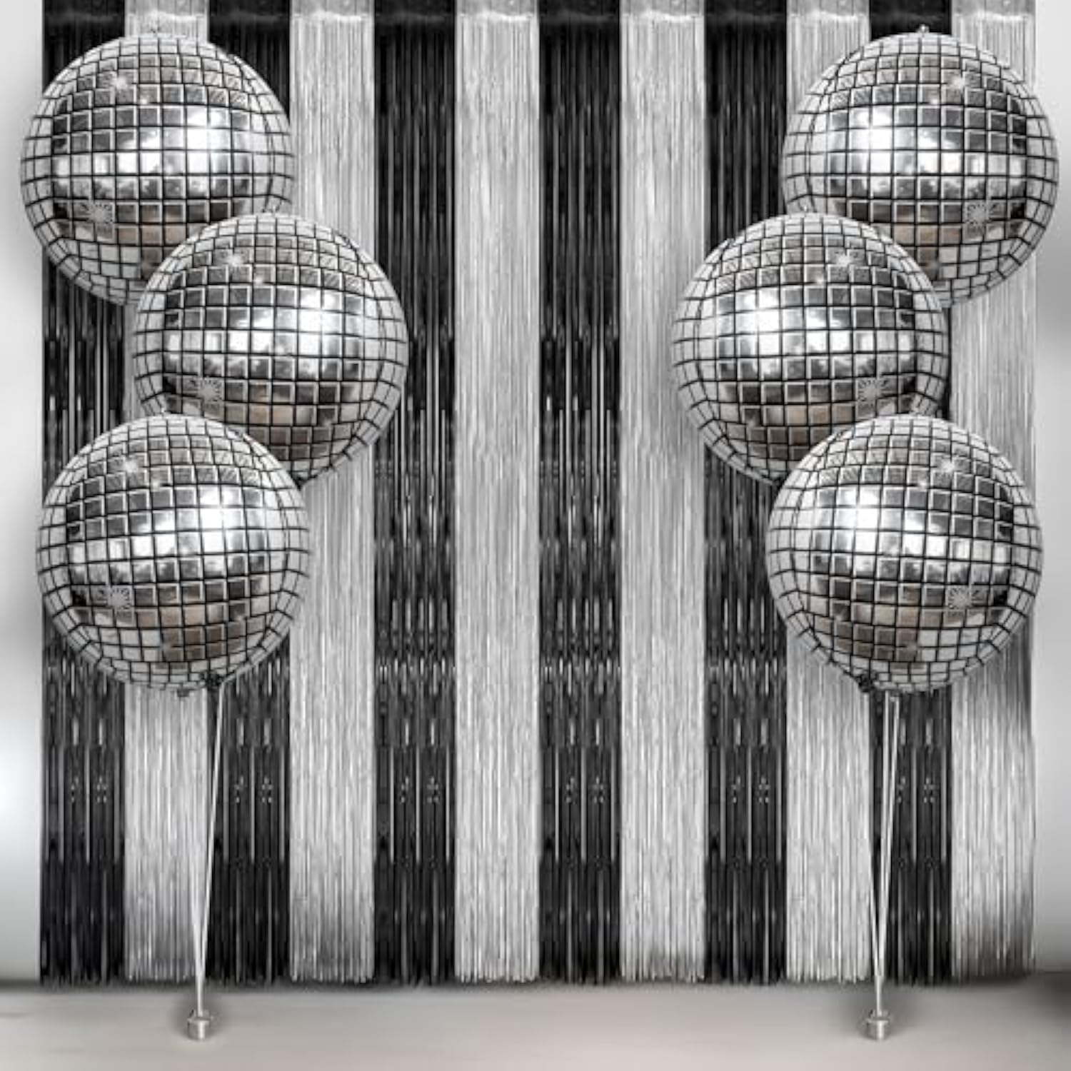 8pcs Disco New Year Party Set 4D Balloons Black Silver Fringe Backdrop