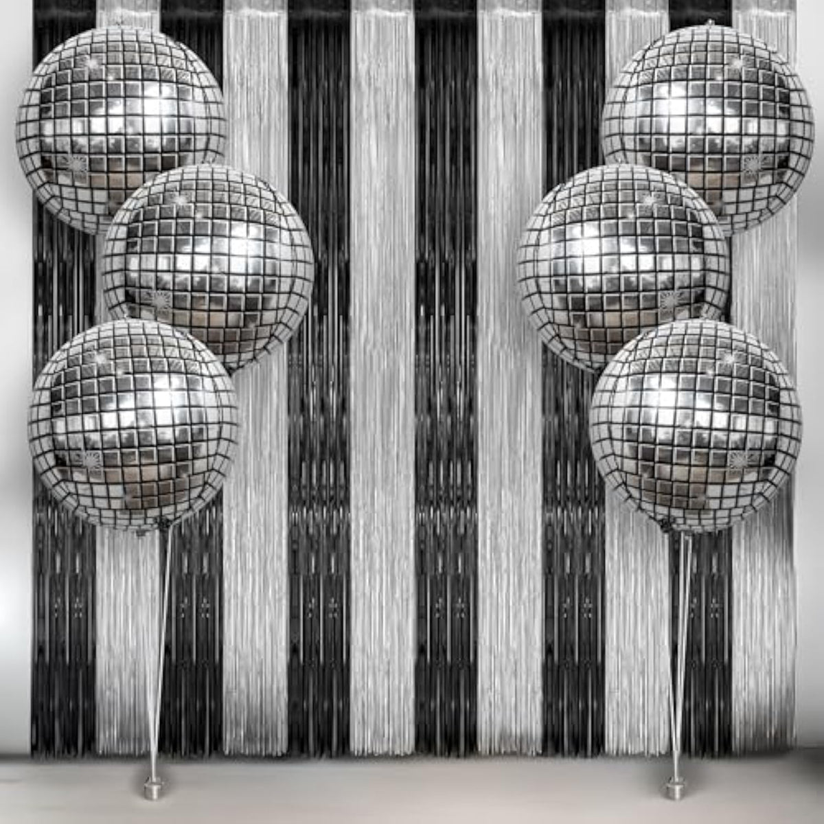 8pcs Disco New Year Party Set 4D Balloons Black Silver Fringe Backdrop