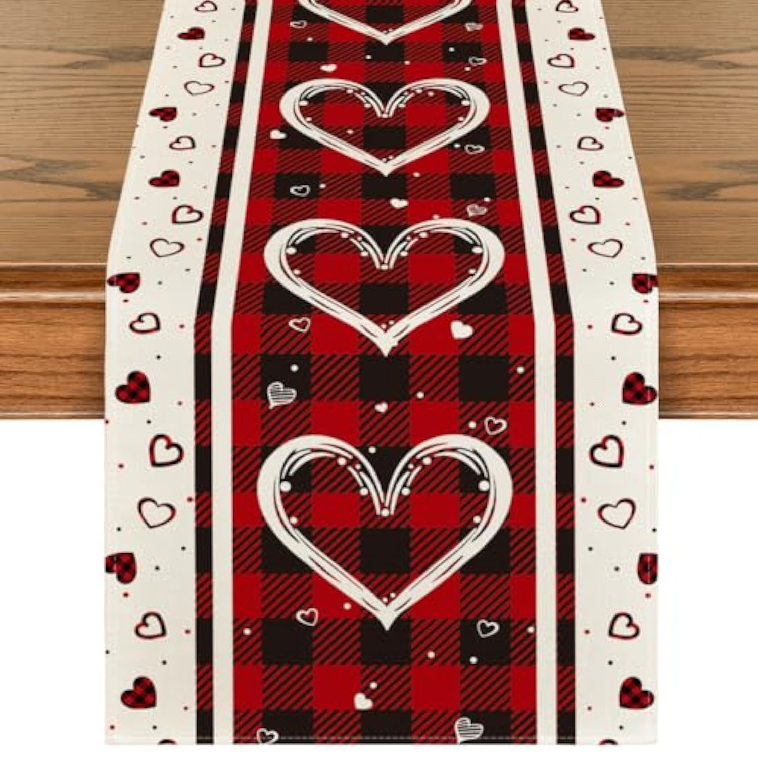 Buffalo Plaid Love Hearts Valentine'S Day Table Runner, Seasonal Kitchen Dining Table Decoration For Indoor Home Party 13X72 Inch