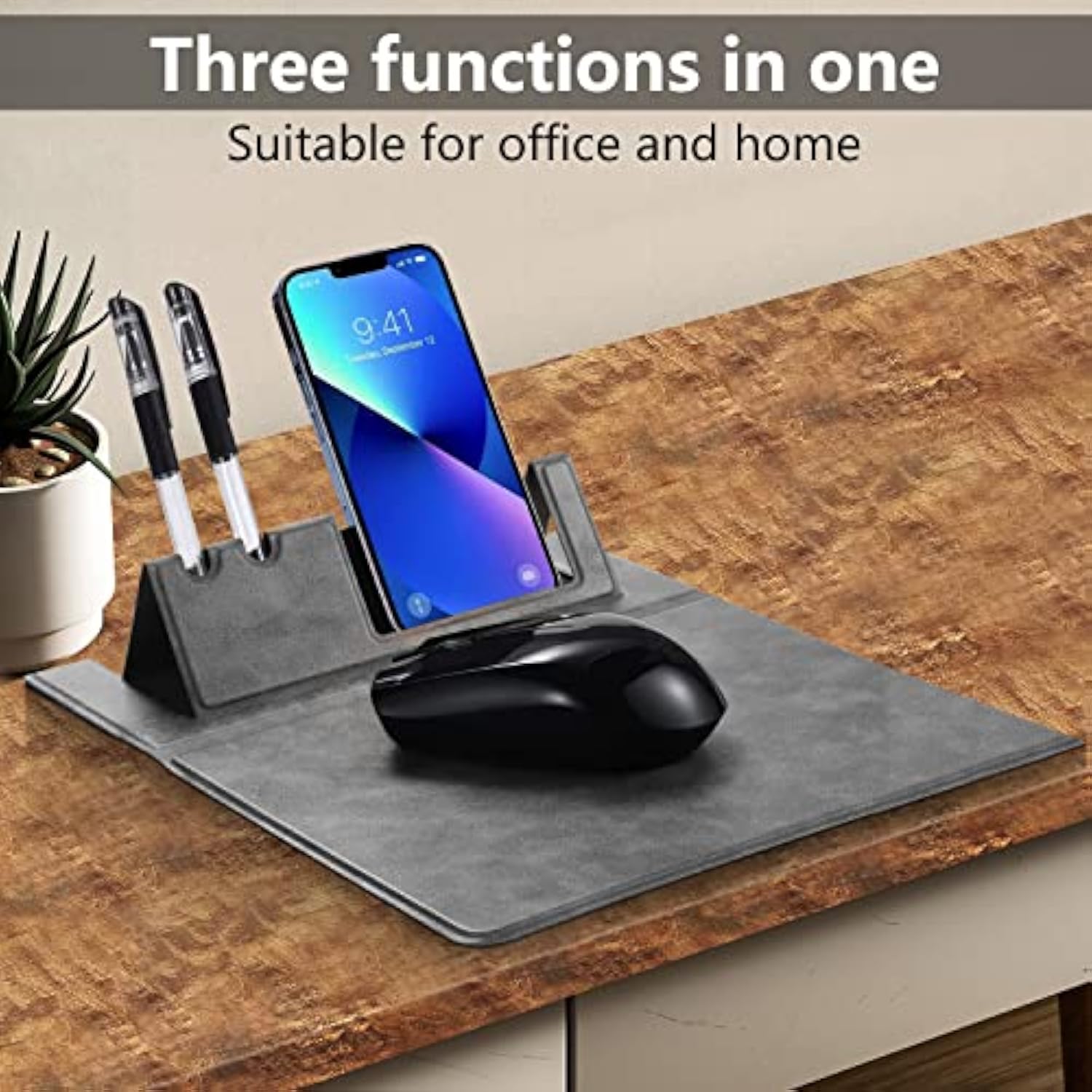 Multifunctional Leather Mouse Pad,3 In 1 Mouse Pad With Non-Slip Base,Portable Slim Pad For Phone Holder And Pen Holder,Desktop Mouse Pad(Grey 1Pack)